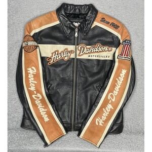 Vintage Harley Davidson Leather Jacket Womens L "Ride to Live" Black/Orange‎ USA